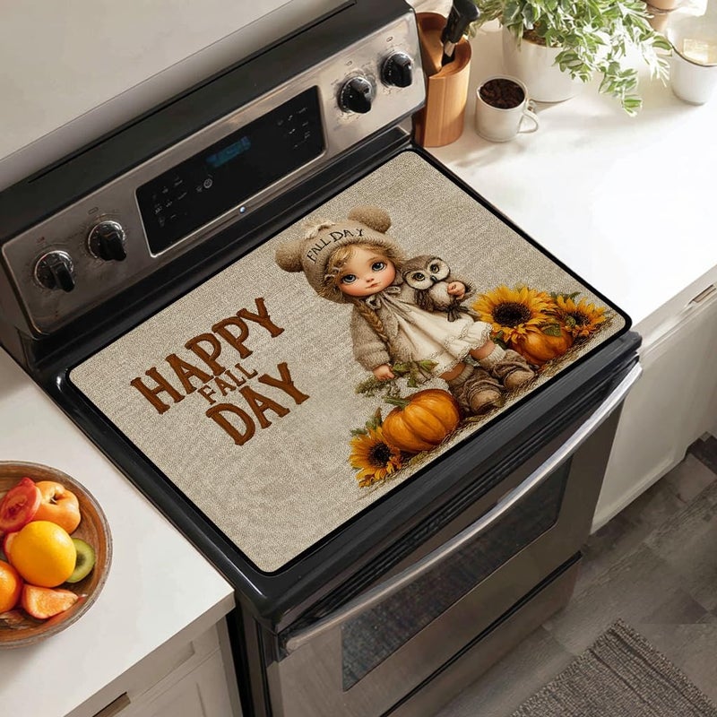 WRTCPOC Fall Pumpkin Electric Stove Top Cover, Cute Doll & Owl Heat Resistant Glass Stove Top Cover for Electric Stove – Thanksgiving Day Glass Cooktop Protector Expands Usable Space - Image 4